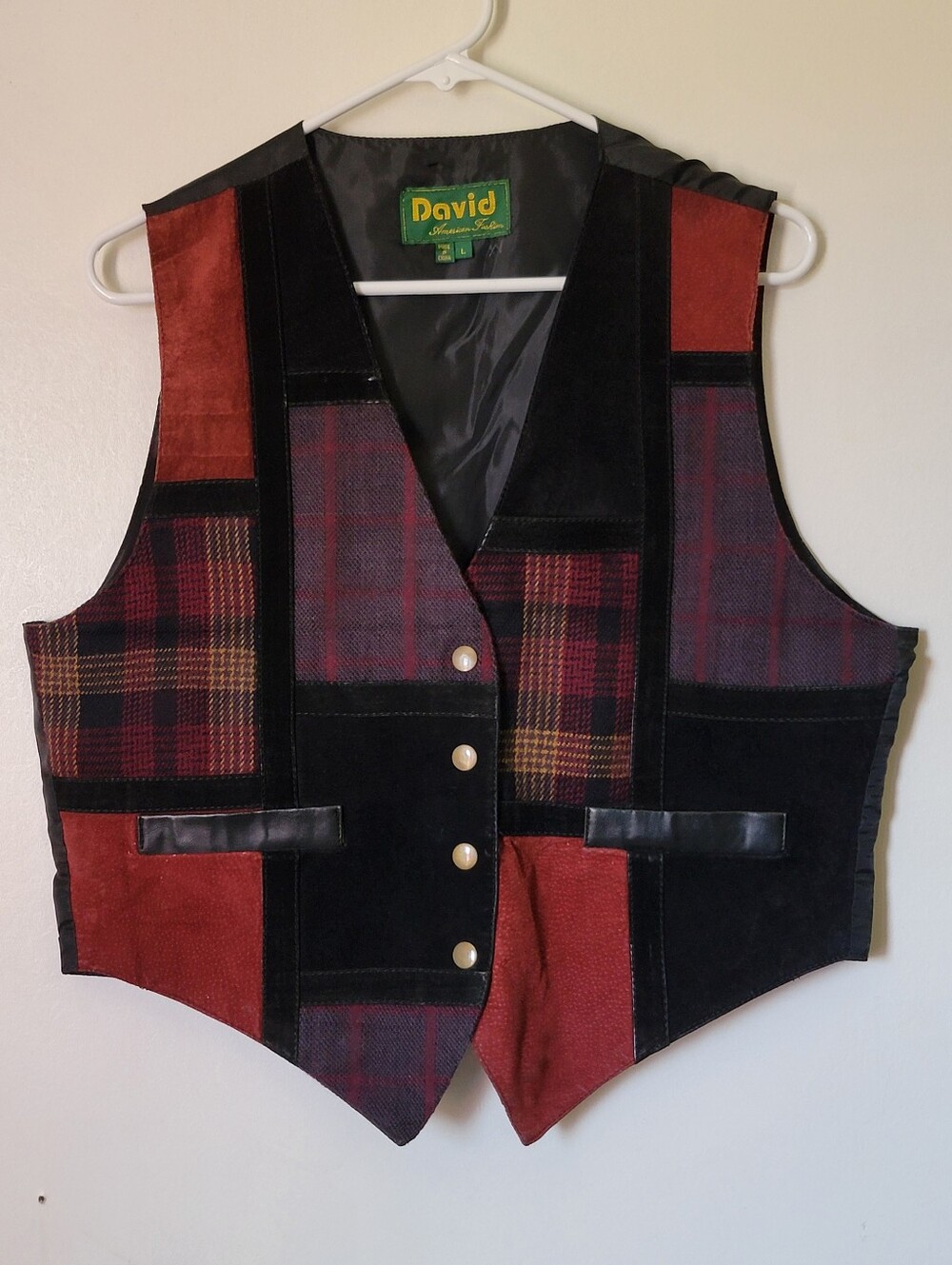 Vintage David American Fashion 90's Patchwork Vest Mixed Media Plaid Suede Sz L